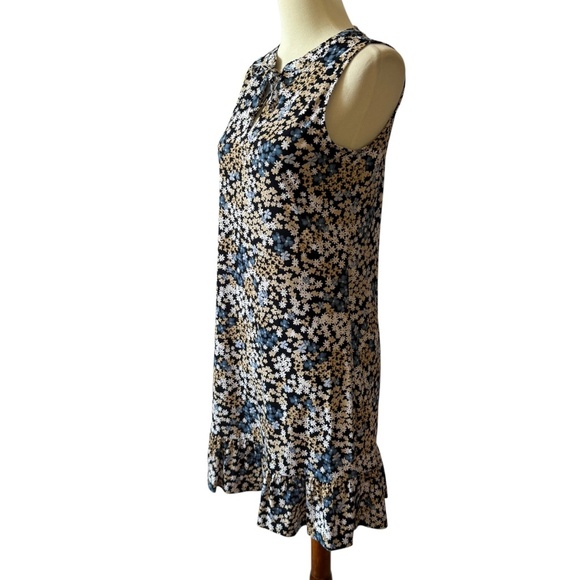 MICHAEL KORS DRESS TIE NECK JERSEY STRETCH BLACK WHITE DITZY FLORAL RUFFLE XS - Picture 4 of 12